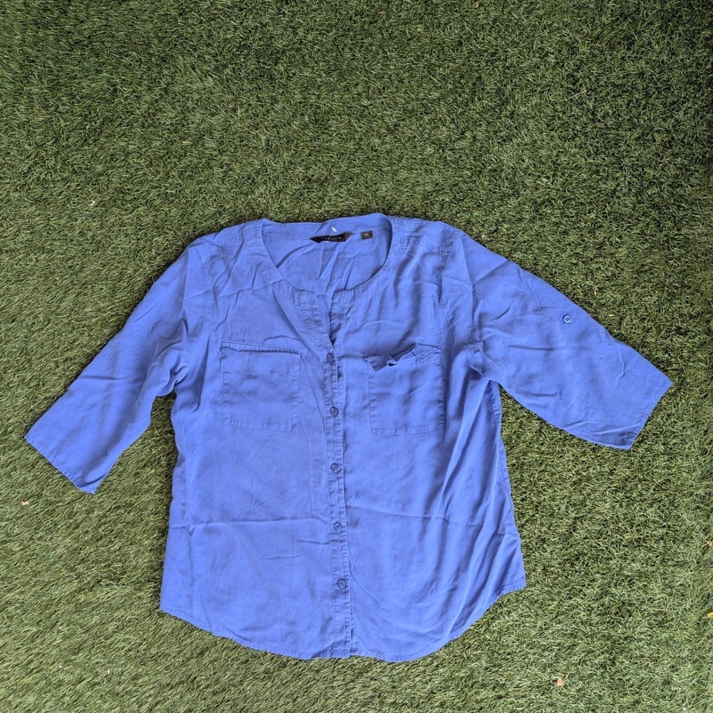Investments Womens 100% Silk Blue Roll Tab Sleeve Button Up Blouse Petite Large